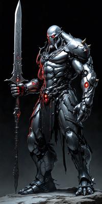 The primary subject of the image is a man dressed in a futuristic armor, holding a sword. The setting is a dark background, which adds to the overall mood of the scene. The visual style is a digital art or illustration, showcasing the intricate details of the armor and the sword. The colors are predominantly dark, with the armor and sword being silver, and the background being black.